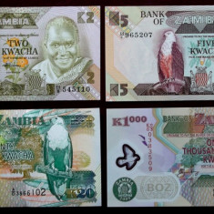 LOT SET 4 bancnote ZAMBIA 2 5 20 1000 KWACHA 1980 - 2009 UNC necirculate **