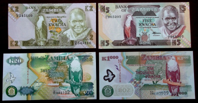 LOT SET 4 bancnote ZAMBIA 2 5 20 1000 KWACHA 1980 - 2009 UNC necirculate ** foto