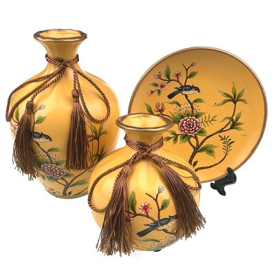 Set 2 vaze decorative si farfurie din ceramica, Galben, 724H-1 foto