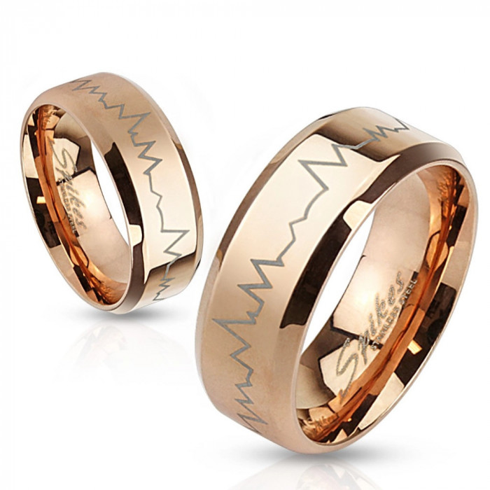 Inel din oțel in nuanță de cupru - bătăi de inimă, margini crestate, 6 mm - Marime inel: 52