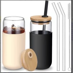 Set 2 Pahare din Sticla Termoizolante Transparente, Flippy, Capace si Paie Incluse, 500 mL, Silicon Negru si Crem foto