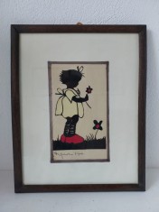 Tablou vechi vintage anii 50, fetita cu flaore, hartie decupata si material textil, cu passpartout, rama de lemn, 23x28cm