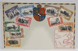 MONTAJ CU 10 TIMBRE EMISE DE REGATUL ROMANIEI , STEMA REGALA SI HARTA REGATULUI , CROMOLITOGRAFIE , INCEPUT DE SECOL XX