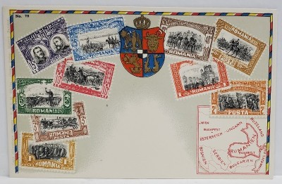 MONTAJ CU 10 TIMBRE EMISE DE REGATUL ROMANIEI , STEMA REGALA SI HARTA REGATULUI , CROMOLITOGRAFIE , INCEPUT DE SECOL XX foto