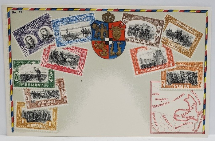 MONTAJ CU 10 TIMBRE EMISE DE REGATUL ROMANIEI , STEMA REGALA SI HARTA REGATULUI , CROMOLITOGRAFIE , INCEPUT DE SECOL XX