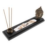 Decoratiune gradina zen in miniatura suport cu capul lui buddha betisoare parfumate si accesorii, Stonemania Bijou