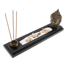 Decoratiune gradina zen in miniatura suport cu capul lui buddha betisoare parfumate si accesorii