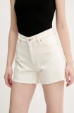 Hugo Blue pantaloni scurți jeans femei, culoarea bej, uni, high waist, 50540160
