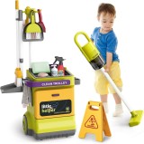 Set curatenie de jucarie, aspirator electric cu sunete, carucior, matura, solutii curatare, semnalizator podea umeda, 20 piese