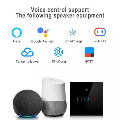 Intrerupator inteligent cu touch Tuya, Life Smart, Wi-Fi, RF433, cu sau fara nul, 3 canale, 10A, Sticla securizata, Negru @SmartWiz smw41 foto