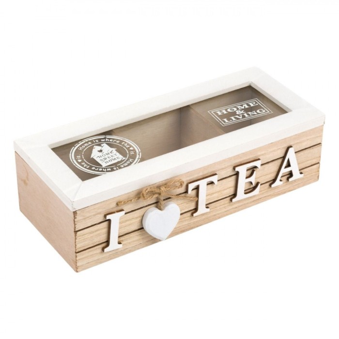 Cutie Ceai, 3 Compartimente, Lemn, Sticlă, Capacitate 1L, 24x10x7cm, Maro Natural