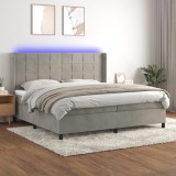 Cumpara ieftin Pat cu arcuri, saltea și LED, gri deschis, 200x200 cm, catifea