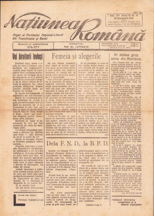 HST Z161 Ziar Națiunea Rom&acirc;nă 14/1946 Cluj PNL