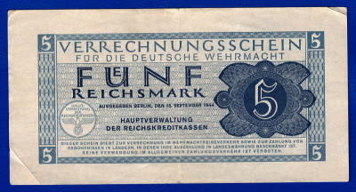 (7) BANCNOTA (CERTIF COMPENSARE) GERMANIA - 5 REICHSMARK 1944, TRUPELE WEHRMACHT foto