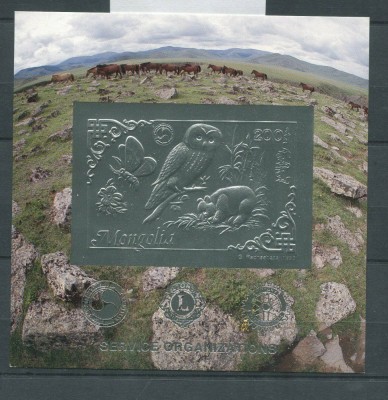 MONGOLIA 1993 FAUNA FLUTURI BUFNITE URSI CAI SILVER FOIL foto