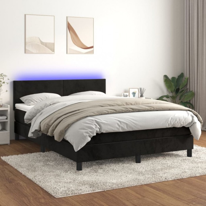 vidaXL Pat cu arcuri, saltea și LED, negru, 140x190 cm, catifea 3134281