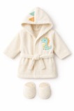 Halat de baie ivoire din bumbac pentru bebelusi cu gluga si aplicatie dinozaur