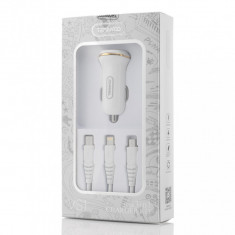 Incarcator Auto Tranyoo, VS1, 2.4A 3 in 1 Charger Kit, 2 x USB, White