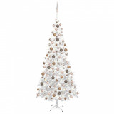 Set brad Crăciun artificial cu LED-uri/globuri, alb, 240 cm, L
