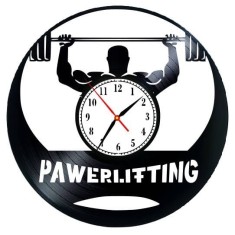 Ceas de Perete Decorativ &ldquo;Powerlifting &amp; Gym&rdquo;, din Disc Vinil Reciclat, Design Culturism și Fitness, Negru, Mecanism Silențios (Sweep), 30 cm