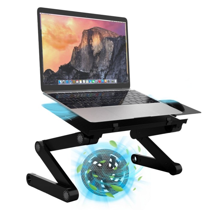 Stand/Masa Laptop Reglabila 42cm Aluminiu cu 2 Ventilatoare USB, Suport Ergonomic 7-17" Multi-Unghi 360&deg;, Mouse Pad Detasabil, Pliabil Portabil - Biro