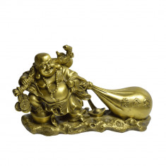 Statueta feng shui din alama buddha vesel cu sac de bani 22cm