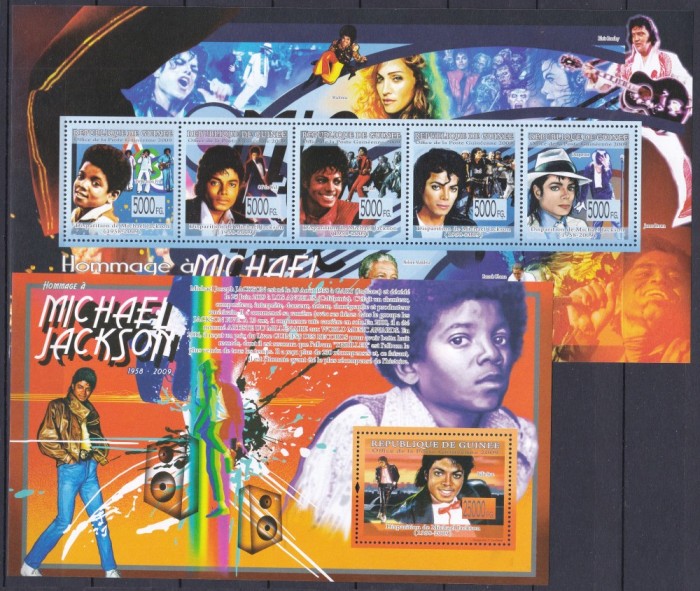 DB1 Muzica Michael Jackson Disparitie Guineea Guinea Ms + 2 x SS MNH Spectaculoase 2 poze