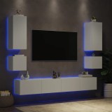 Comode TV de perete cu lumini LED, 6 piese, alb