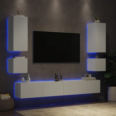 Comode TV de perete cu lumini LED, 6 piese, alb foto