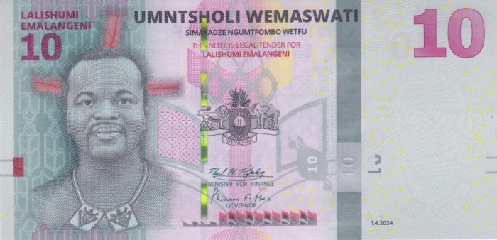 Bancnota Eswatini ( fosta Swaziland ) 10 Emalangeni 2024 - PNew UNC ( vezi descriere )
