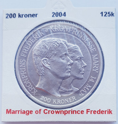 193 Danemarca 200 kroner 2004 Crownprince Wedding km 895 argint foto
