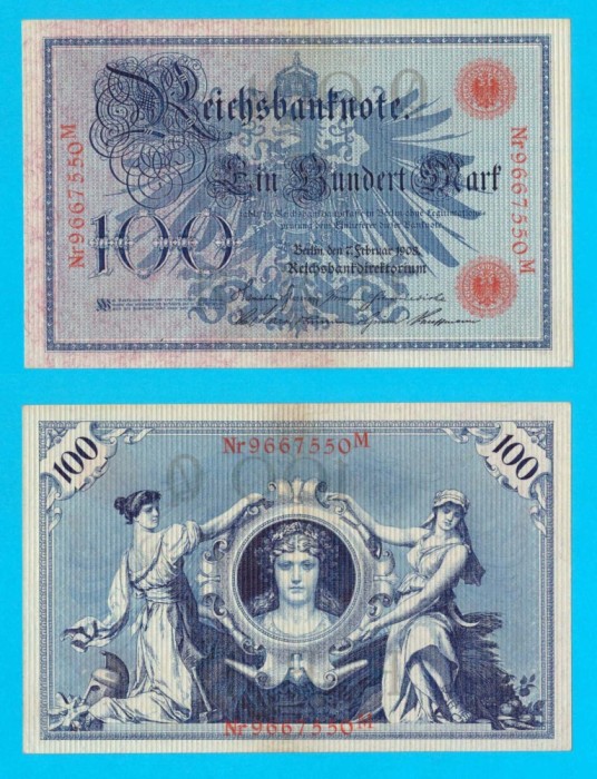 Germania (p#33) 100 Mark 1908 aUNC+ &#039;Reichsbanknote&#039; serie: 9667550M Sigiliu Roșu