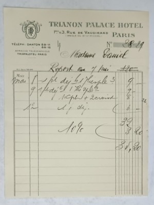 4.CHITANTA ELIBERATA FAMILIEI DOCTORULUI CONSTANTIN DANIEL DE HOTELUL &amp;#039; TRIANON PALACE &amp;#039; DIN PARIS , 1932 foto