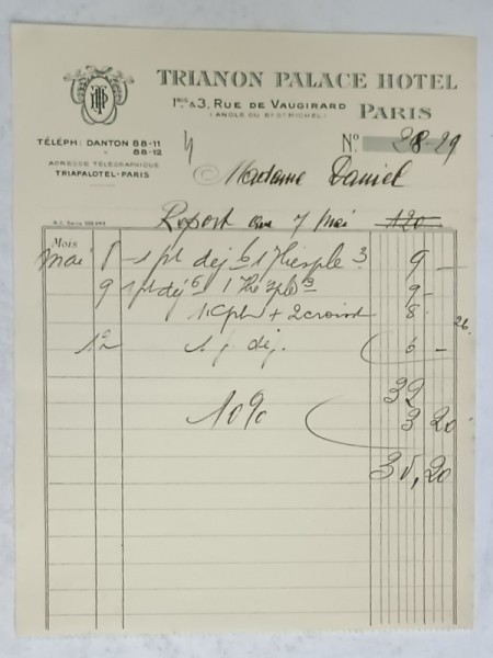 4.CHITANTA ELIBERATA FAMILIEI DOCTORULUI CONSTANTIN DANIEL DE HOTELUL &#039; TRIANON PALACE &#039; DIN PARIS , 1932