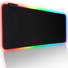 Mousepad Mare Gaming 80x30cm, LED RGB, Antiderapant, Waterproof, Cusaturi Intarite, USB Inclus, Negru