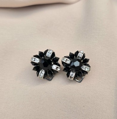 CERCEI CLIPS VINTAGE DIN METAL, STICLA NEAGRA SI CRISTALE foto