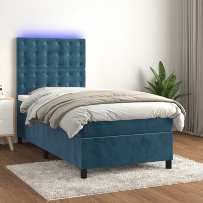 vidaXL Pat continental cu saltea&amp;amp;LED albastru &amp;icirc;nchis 80x200 cm catifea 3136333 foto