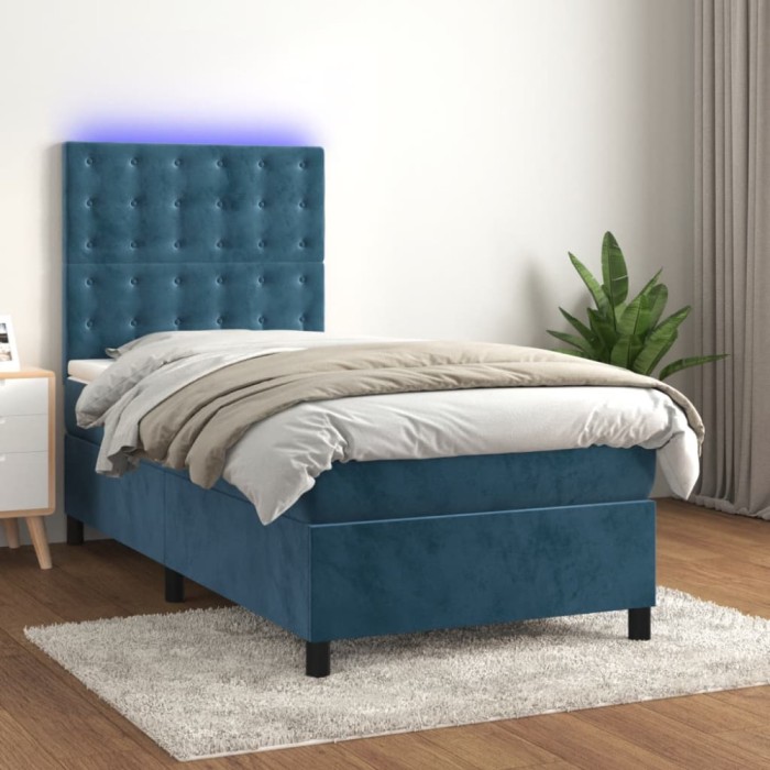 vidaXL Pat continental cu saltea&amp;LED albastru &icirc;nchis 80x200 cm catifea 3136333