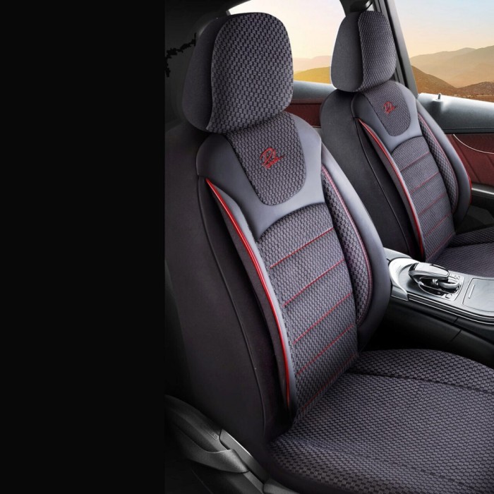 Set Huse Scaune Auto pentru Fiat Doblo - Panda Prestige, negru cu cusatura rosie, 11 piese