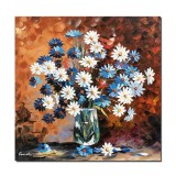 Tablou Vaza cu margarete si albastrele pictat manual, 50x50cm ulei pe panza in cutit efect 3D
