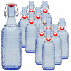 Set 12 sticle culoare albastru transparent, volum 0,5l, cu inchidere cu clema metalica, dop cu garnitura, reutilizabile dupa spalare, import germania