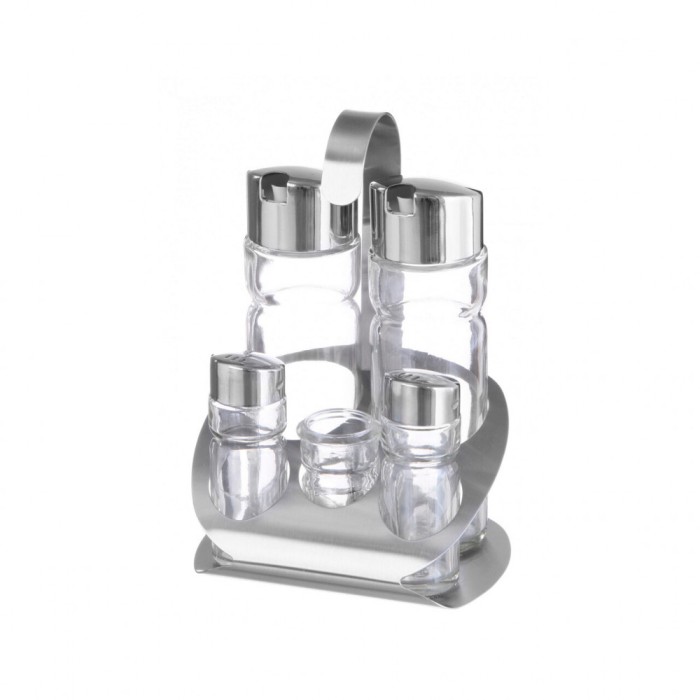 Oliviera solida / Set condimente 5 piese, Hendi, suport inox, recipiente sticla pt sare, piper, scobitori, ulei, otet