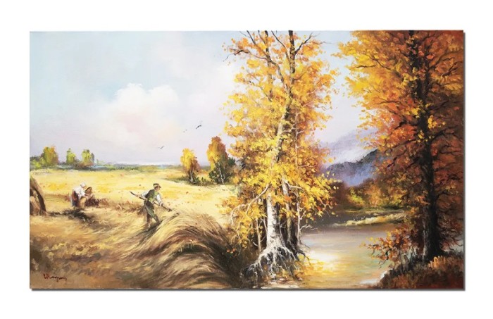 Tablou peisaj din natura pictat manual, La seceris, 100x60cm ulei pe panza, Geo Ungureanu