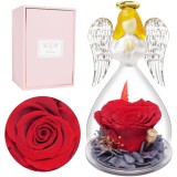 Cumpara ieftin Trandafir criogenat decorativ Miofula, cu figurina inger pazitor si cupola transparenta, cadou pentru femei, mama sau bunica, 22 cm, Sticla si materia