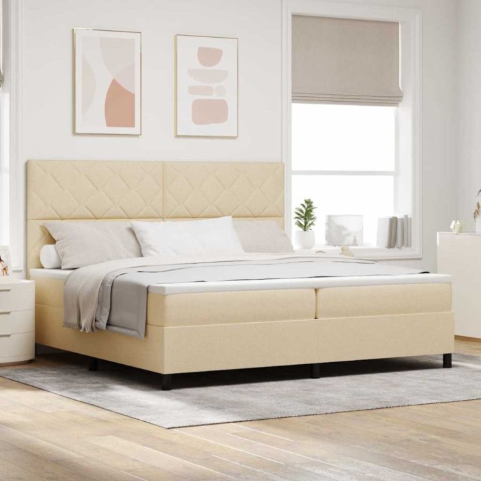 vidaXL Pat cu arcuri cu saltea cu headboard Crem 200 x 200 cm țesătură