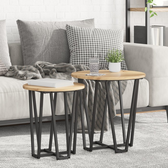 vidaXL Set 2 mese laterale, stejar rustic, lemn prelucrat și metal