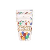 Set 10 Pahare, Cyrax, Imprimeu Happy Birthday, Baloane din Carton, 230 ml, 7.5 x 8.6 cm, Multicolor