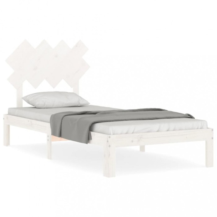 Cadru de pat cu tablie single, alb, lemn masiv