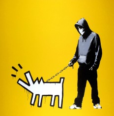 Banksy, C&acirc;ine care latră (galben), litografie semnată &icirc;n creion de m&acirc;nă