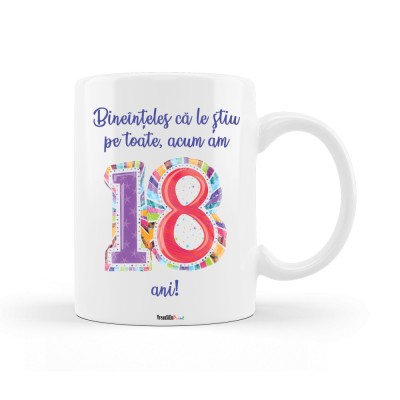 Cana alba personalizata &amp;quot;Bineinteles ca le stiu pe toate, am 18 ani!&amp;quot;, INOVATIX&amp;reg;. 330ml foto